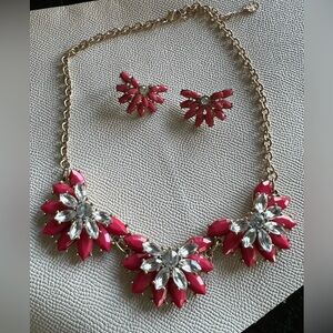 Pink coral rhinestone cluster flower statement necklace w matching earrings set